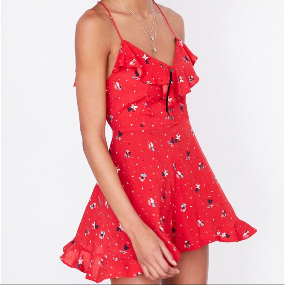 UO Kimchi Blue Ruffle Hem Red Floral Playsuit